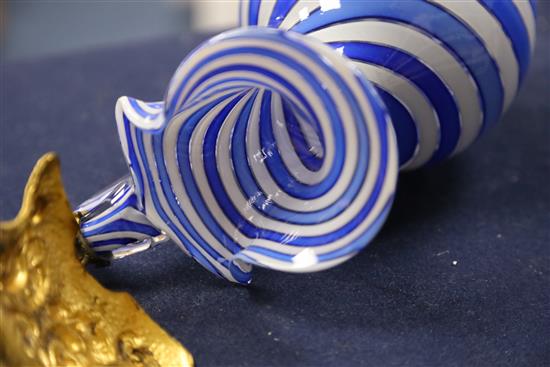 A French blue and white swirl glass ewer, possibly Clichy, mid 19th century, H.29.5cm